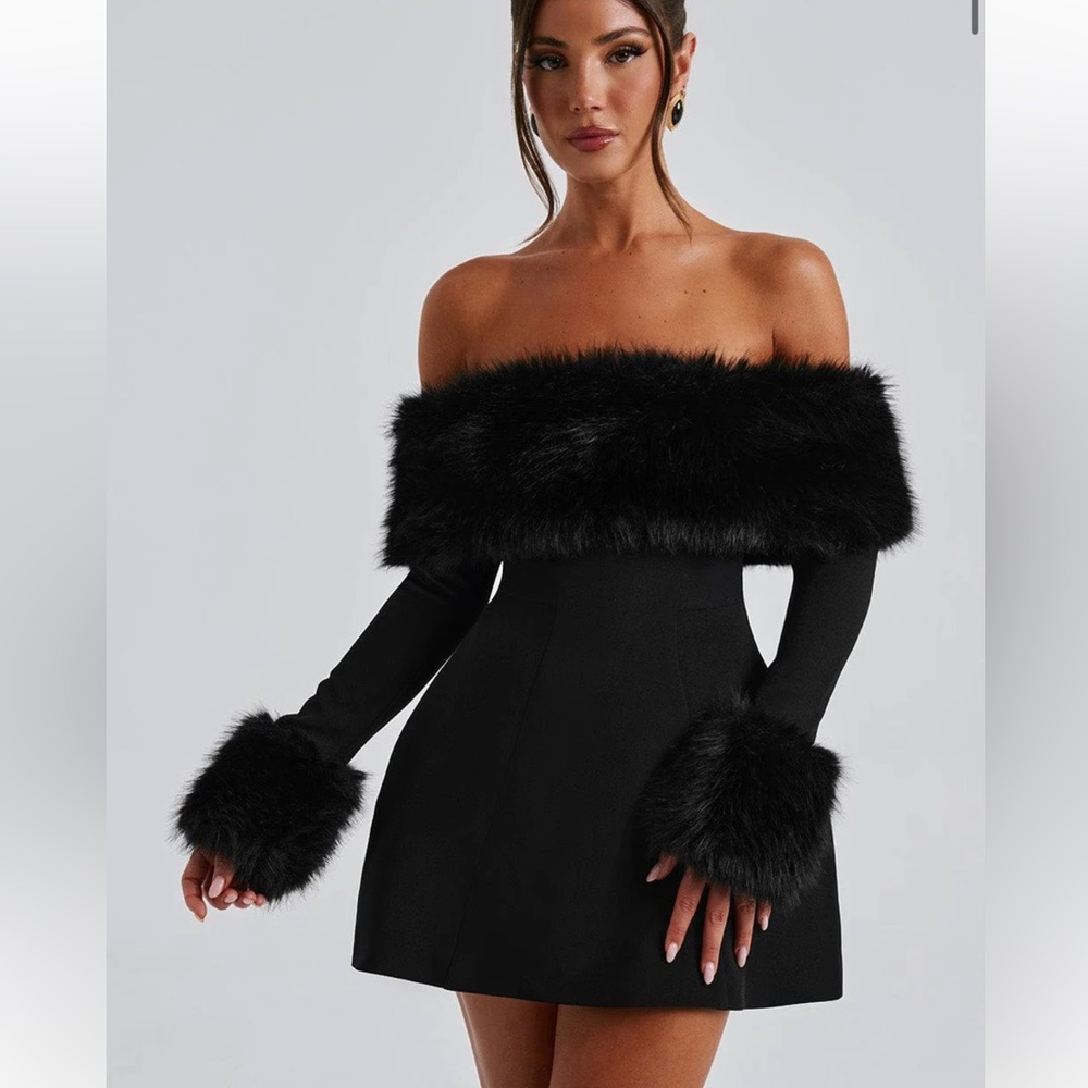 Elegant Black Off-Shoulder Dress with Faux Fur Trim